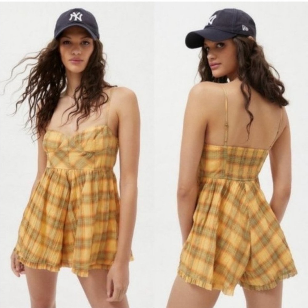 Urban Outfitters | Lorelei Crinkle Cotton Romper Plaid Yellow Orange Green Small